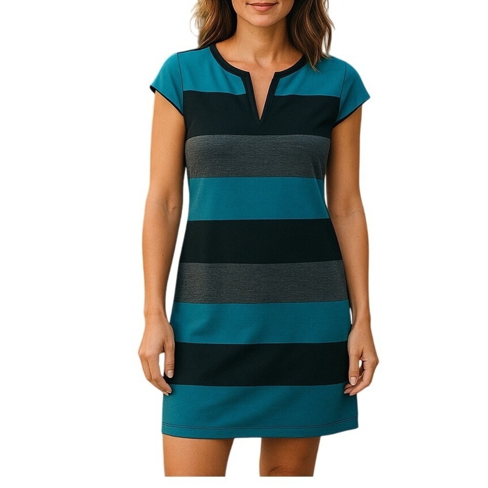 Max Studio Womens Striped Knit Dress Teal Black Gray Split Neck Cap Sleeve Small